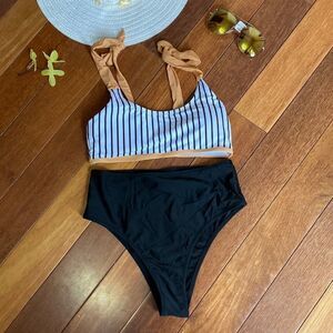 Blooming Jelly Black and White Strip High Waisted Bikini Sz XS NWT